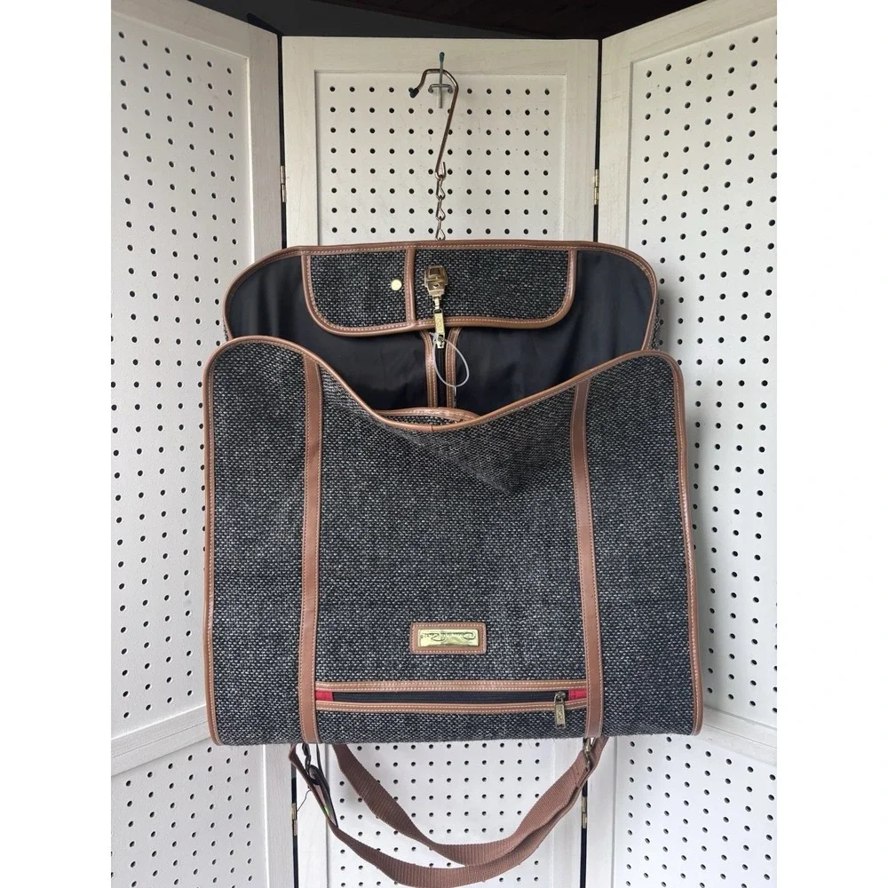 Vtg Oscar De La Renta Gray Black Tweed Folding Garment Bag Designer Luggage